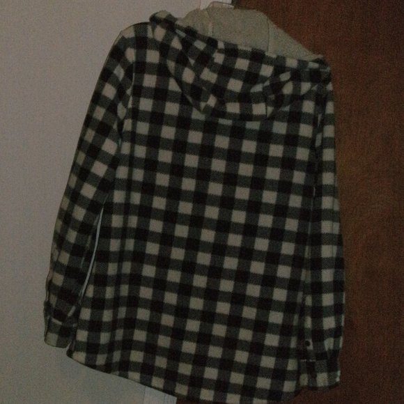 Cozy Black & Ivory Buffalo Plaid Fleece Lined Hooded Snap Front Shacket Jacket L - Picture 2 of 2